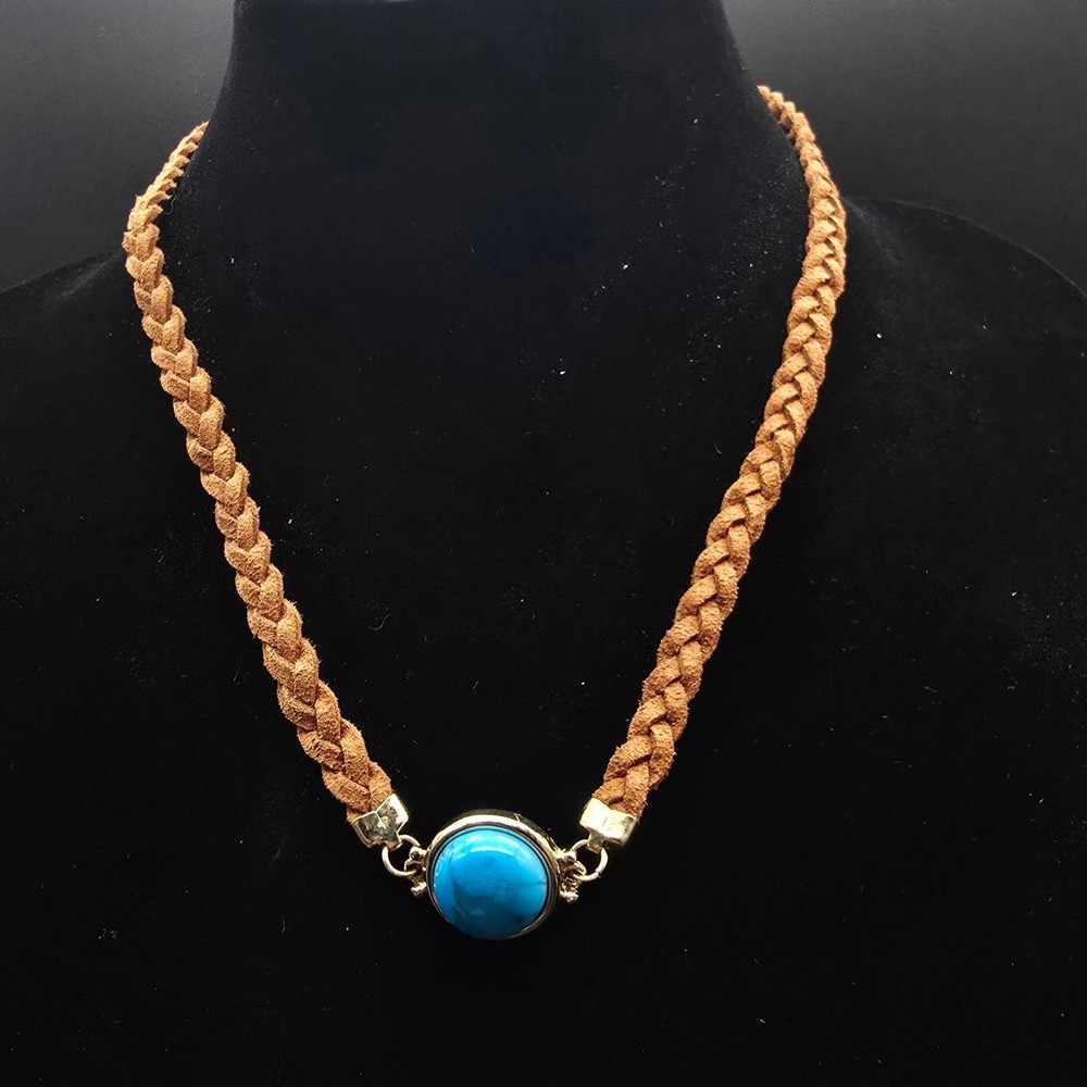 Express Faux Turquoise Braided Suede Necklace Cabochon Boho Gold